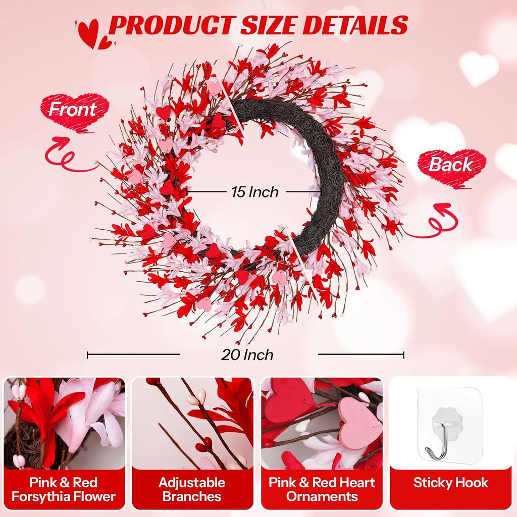 Valentines Day Decorations - 20 Inch Valentines Wreath, Artificial Lighted Pink Forsythia Wreath with Hearts Berries