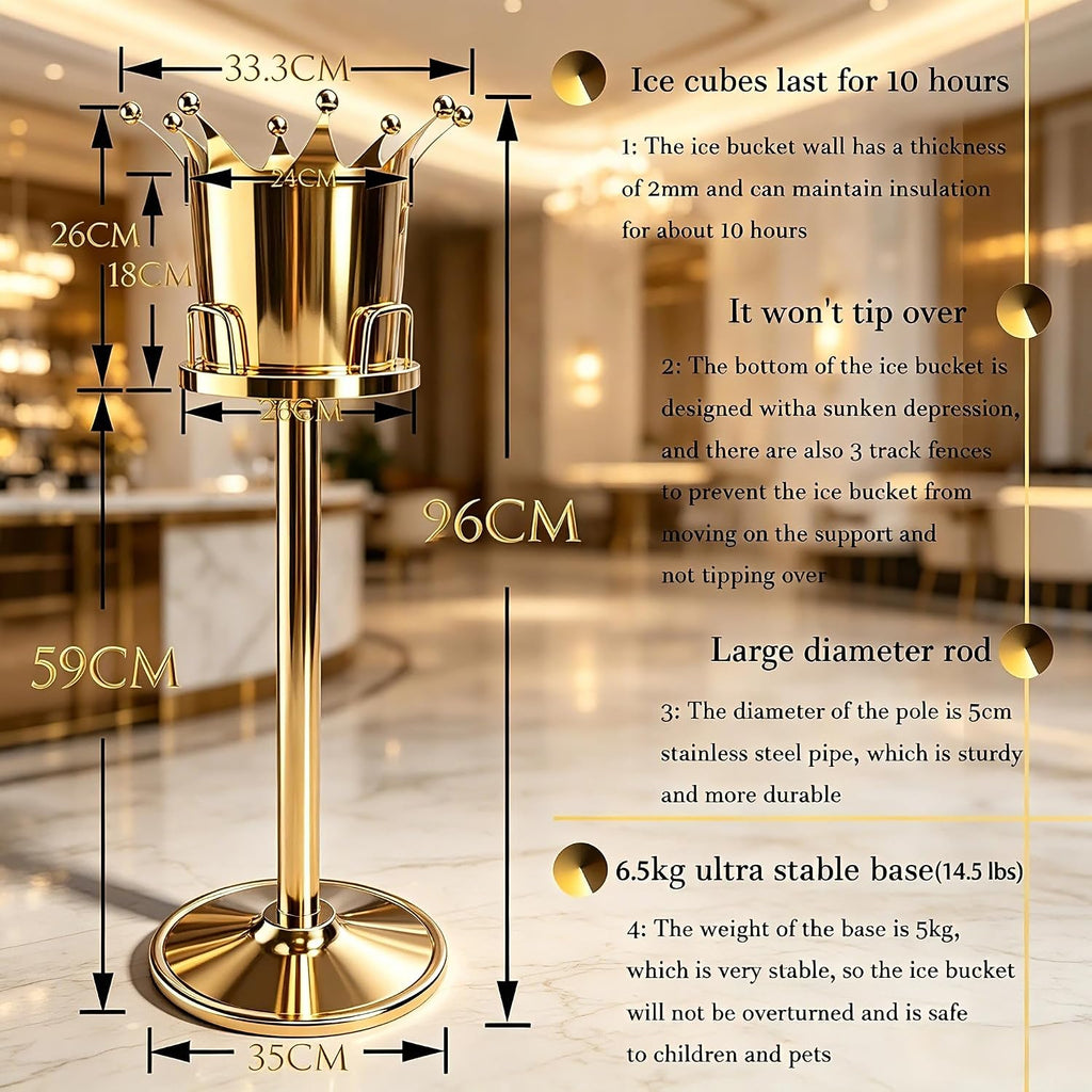 Royal Ice Bucket with Stand, Gold Ice Bucket,Stainless Steel Light-Luxury Standing Wine Bucket,Crown Design with 8