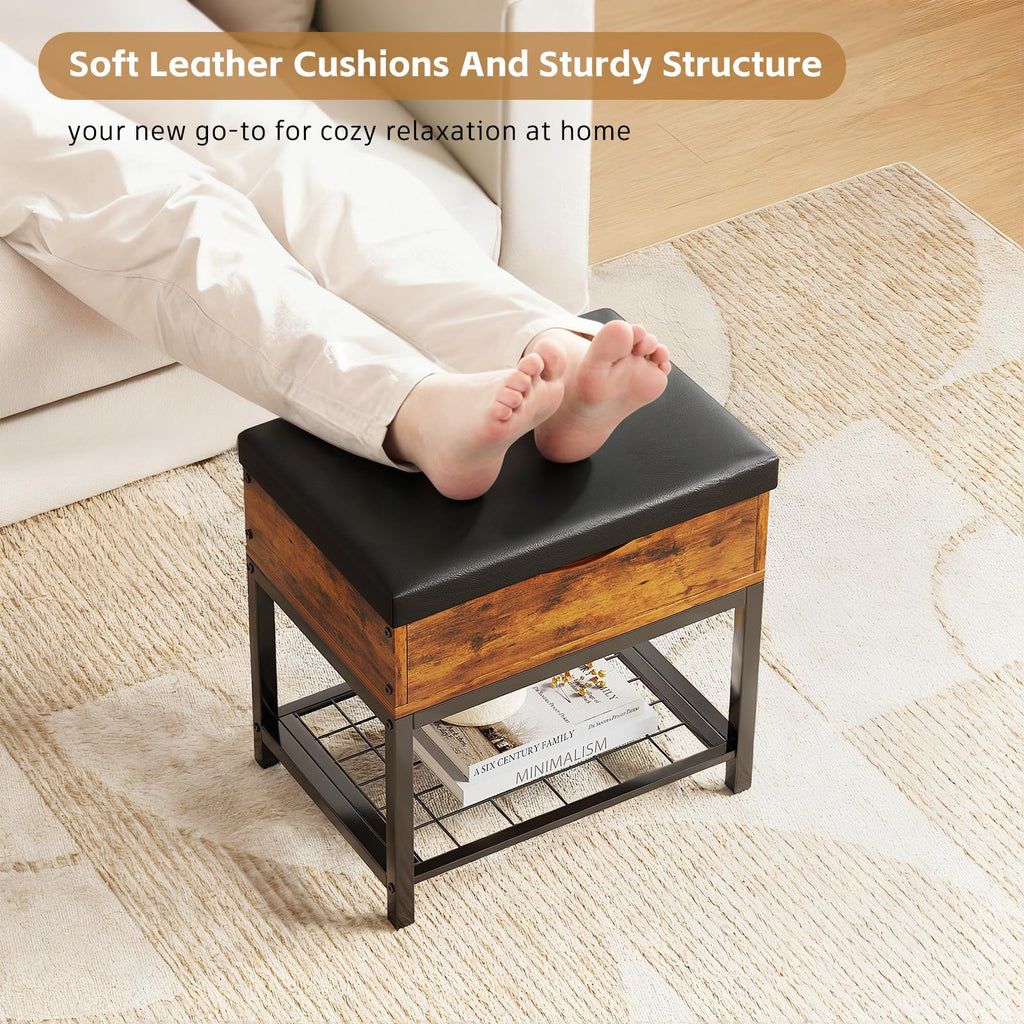 Shoe Storage Bench, Small Ottoman with Storage, Padded Seat, Brown