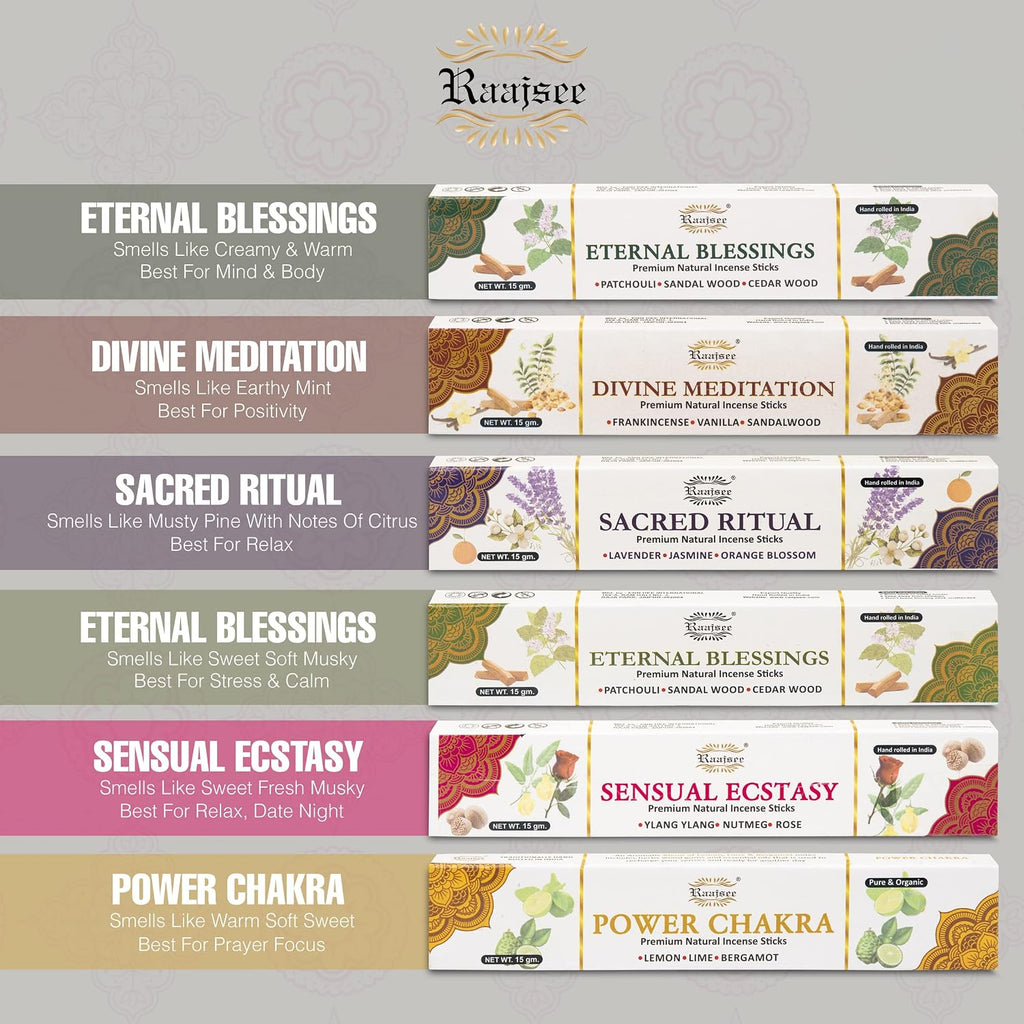 Natural Incense Sticks,6 Pack Mixed Scents Gift Pack 15 gm Each (90 gm Total), Insense Sticks Variety Pack, 100% - Set of 6