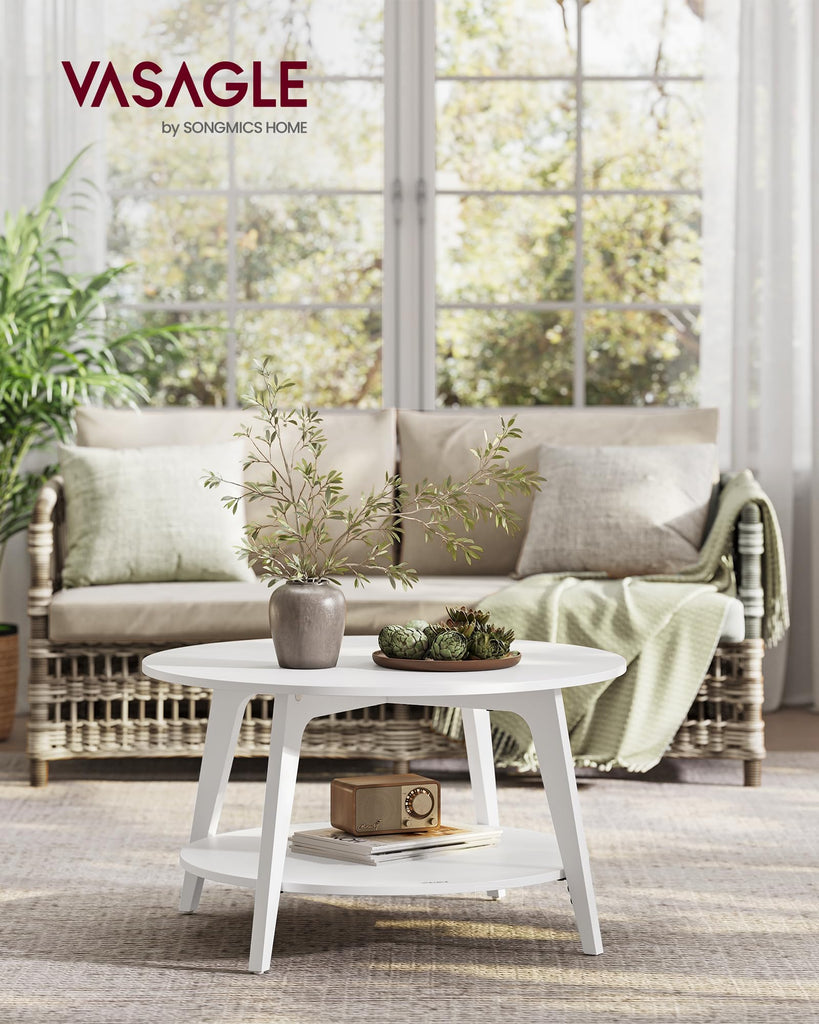 Round Coffee Table, 2-Tier Center Table with Storage, Tapered Legs
