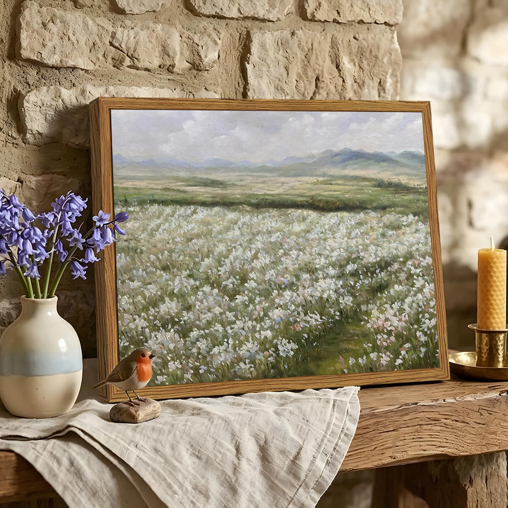 Framed Vintage Landscape Wall Art, Country Wildflower Field Pictures Wall Decor, Rustic Nature Flower Paintings