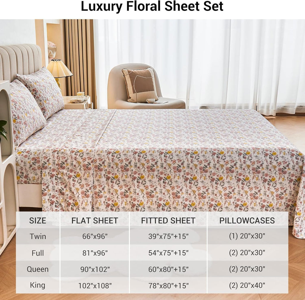 Floral King Sheet Set - 4 Piece Vintage Pink & Yellow Flower Patterned Bed Sheets - Soft, Breathable Microfiber