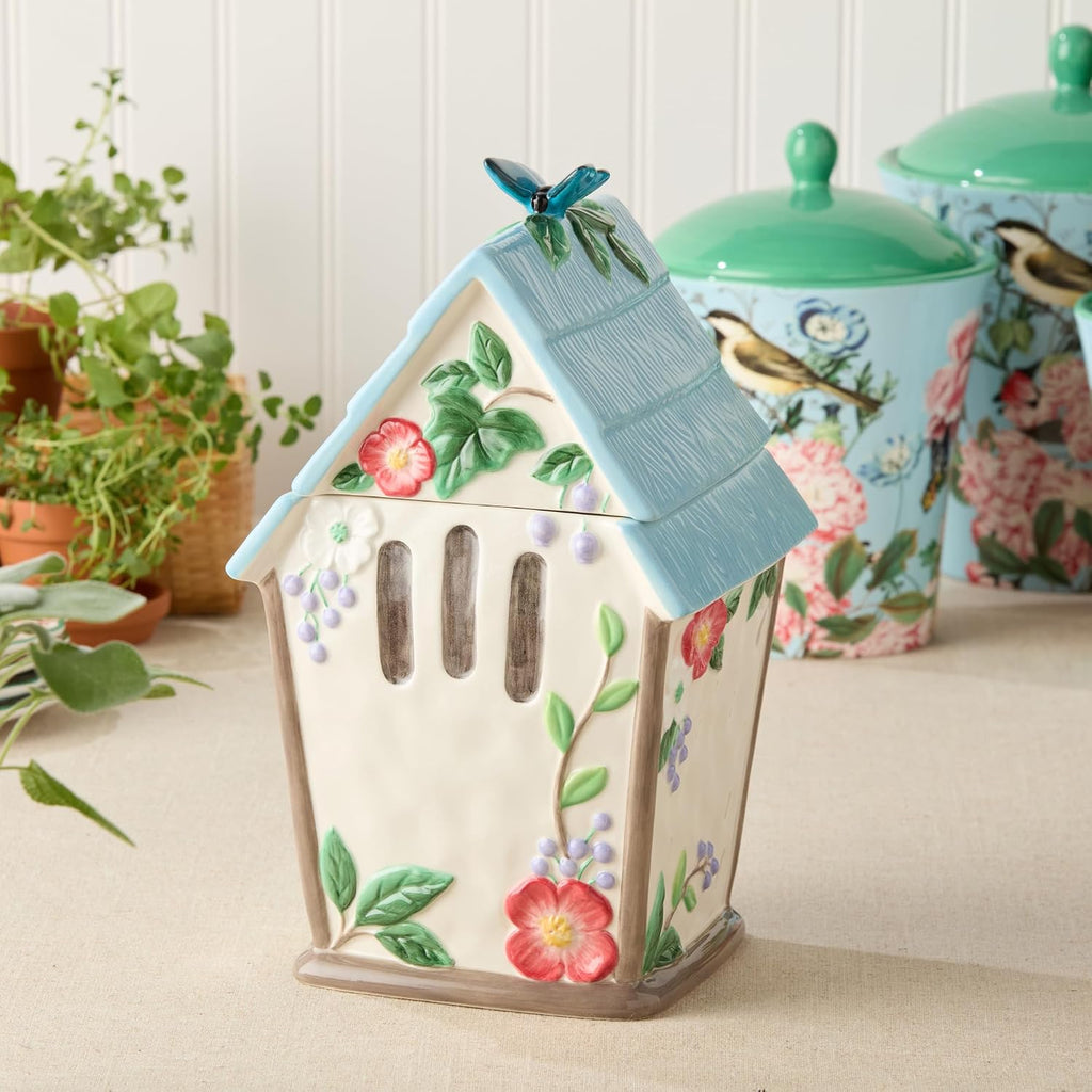 Flora 3D Birdhouse Cookie Jar - 88-Ounce Hand-Painted Ceramic Storage Jar with Floral and Butterfly Design