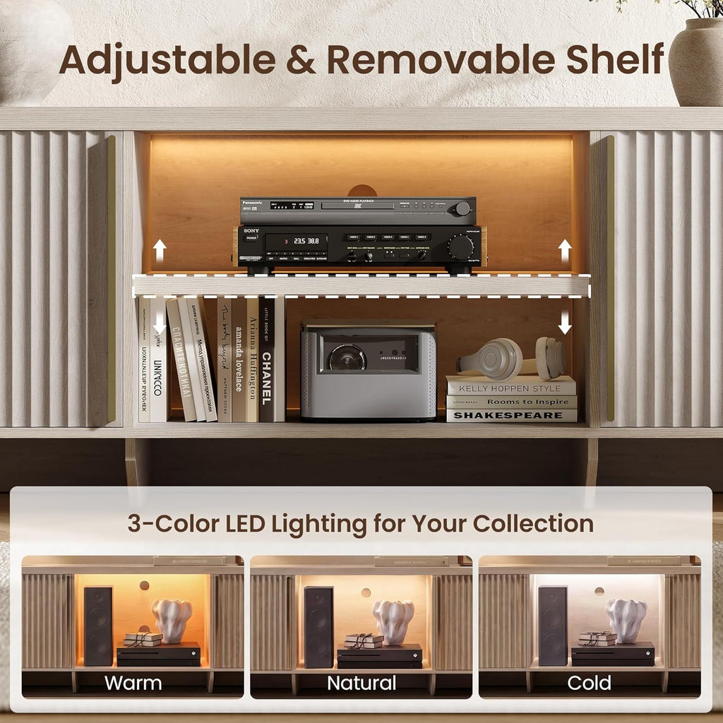 70" Fluted TV Stand with LED Light for TVs up to 80 Inch, Modern Television Console Storage Cabinet with Adjustable