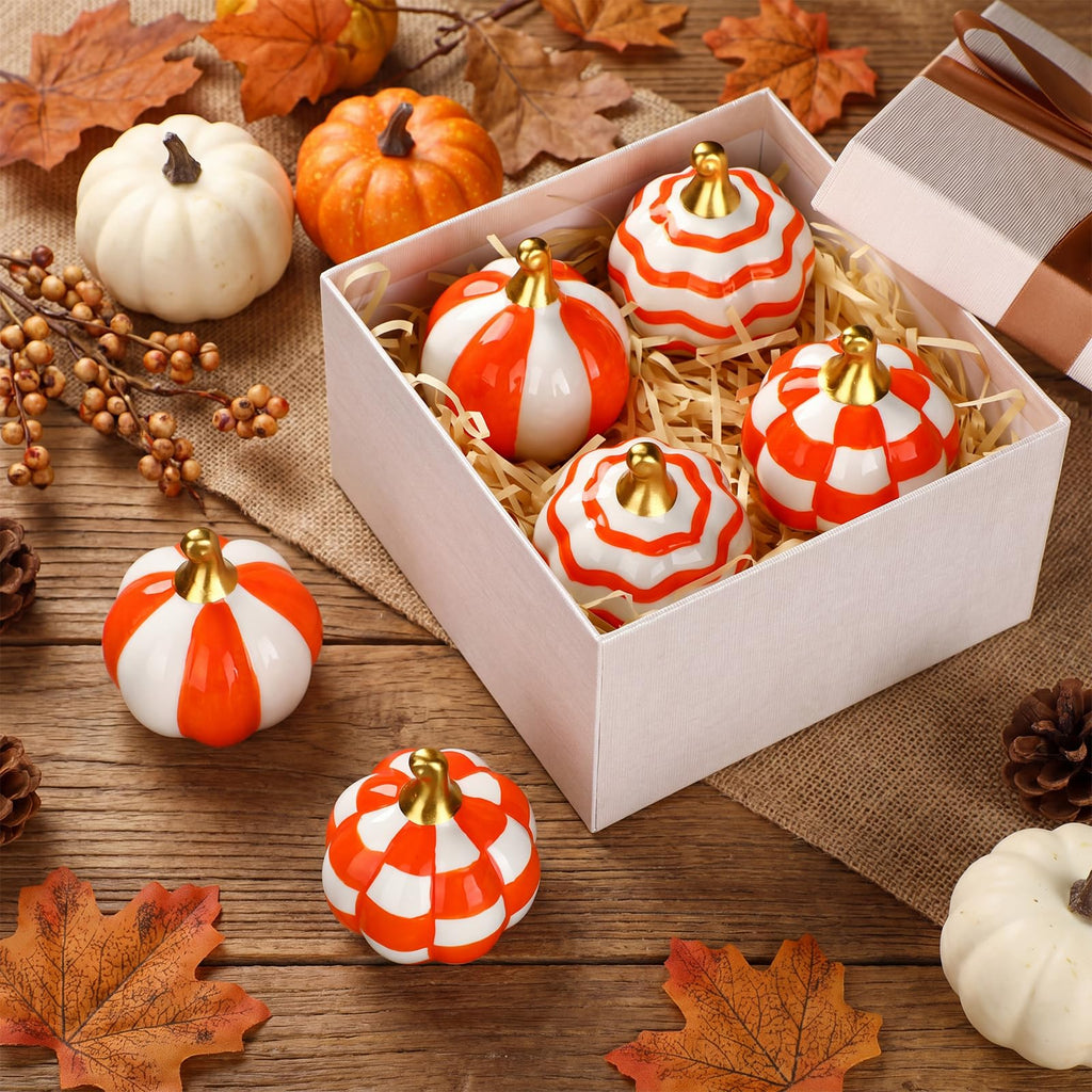 6 Pcs Orange Checkered Stripe Ceramic Pumpkins Fall Centerpiece