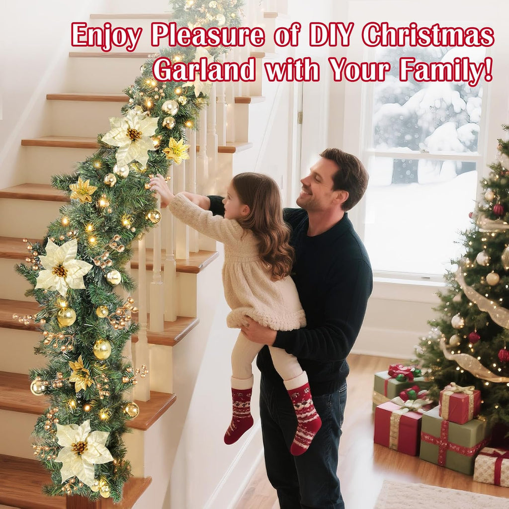 9FT Prelit Christmas Garland for Mantle, Gold Poinsettia, 50 LED
