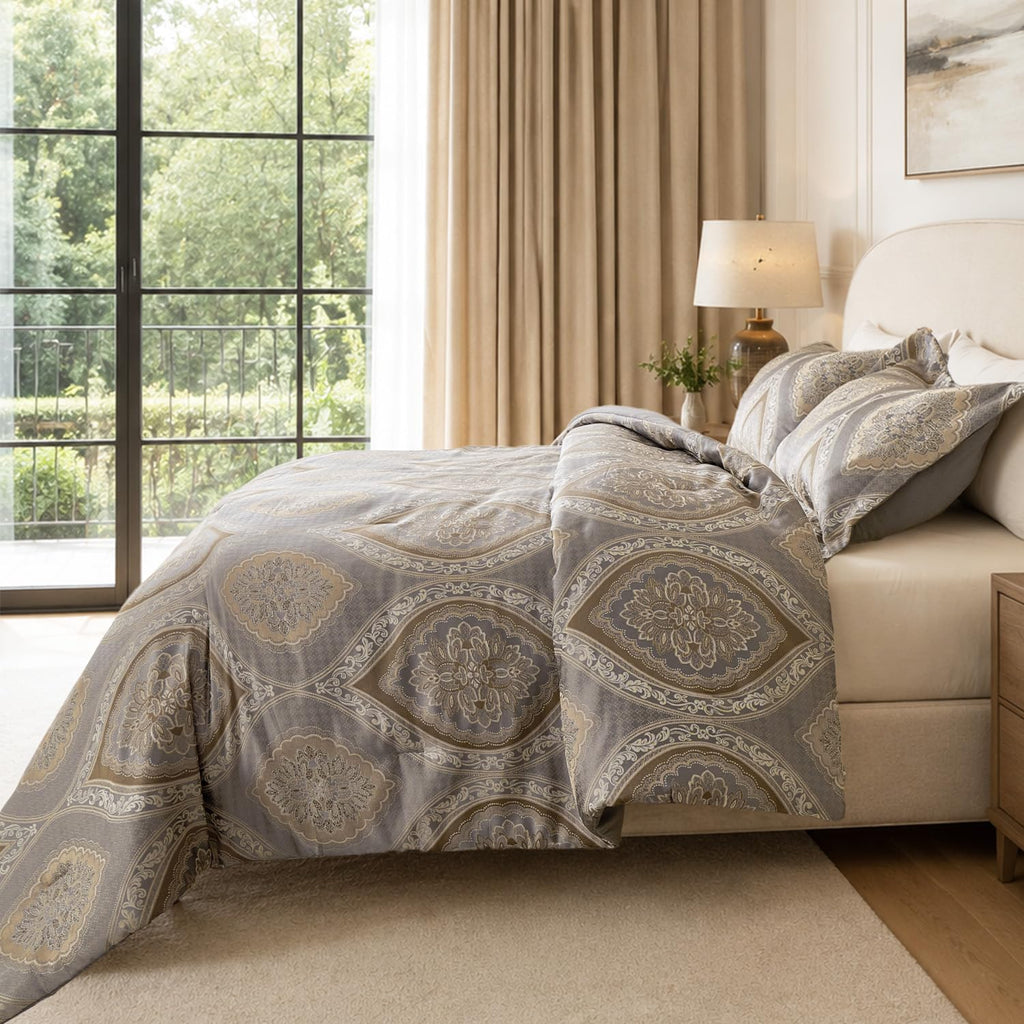 Queen Comforter Set Gray Jacquard Damask, 3-Piece