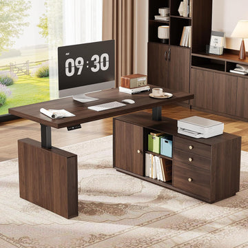 55" L Shaped Standing Desk w/File Cabinet, Sit Up Desk, Walnut | Electric Corner Desk with Drawers & Height