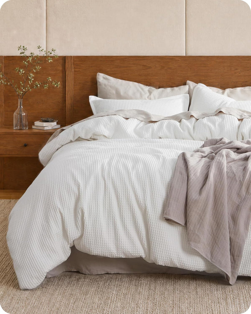 Cotton Duvet Cover King - 100% Cotton Waffle Weave Coconut White Duvet Cover King, PureWoven Breathable Bedding Set