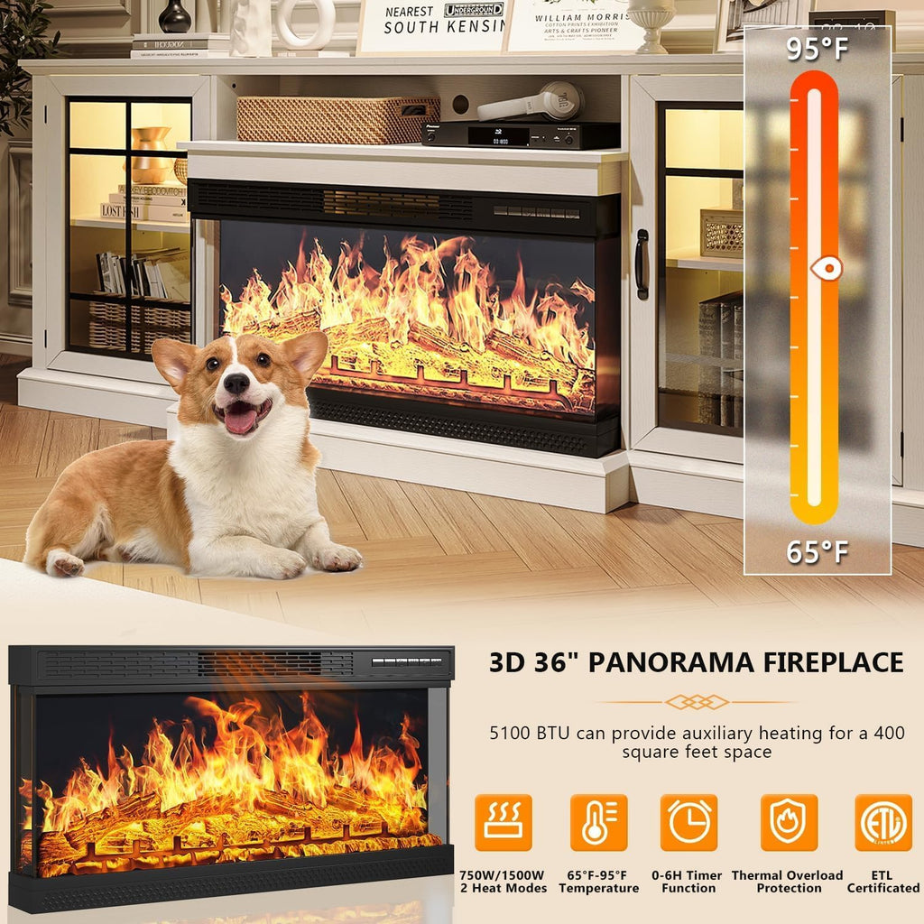 80'' Fireplace TV Stand, Farmhouse Entertainment Center with 3 Sided Glass TV Stand, Modern Media Console Table with