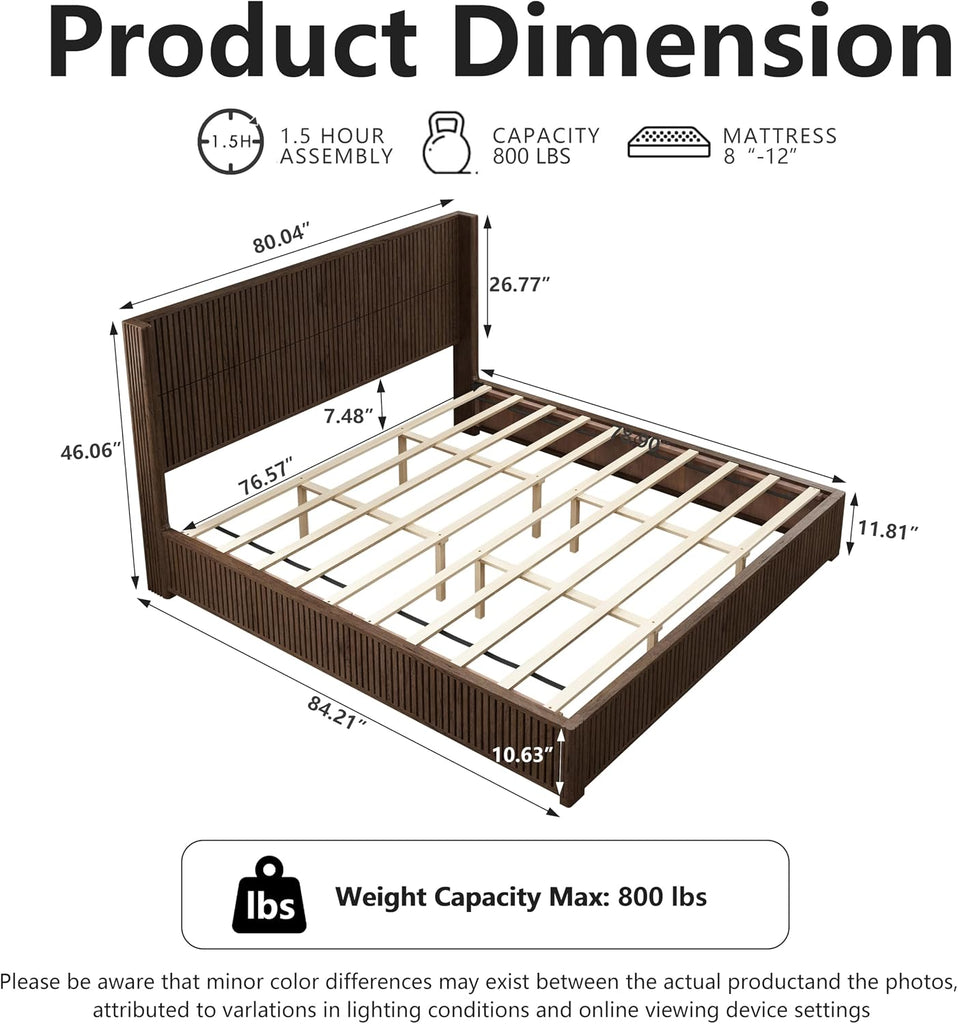 Solid Wood Platform Bed Frame with wingback Headboard, Wood Platform Bed Frame Low Profile with 80.04"