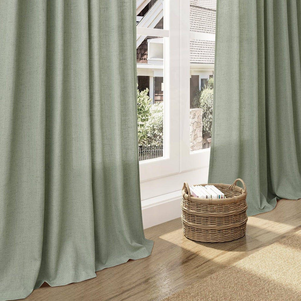 Extra Long Desert Sage Linen Curtains 120 Inch 2 Panels Set Rod Pocket Back Tab Light Filtering Semi Sheer Linen