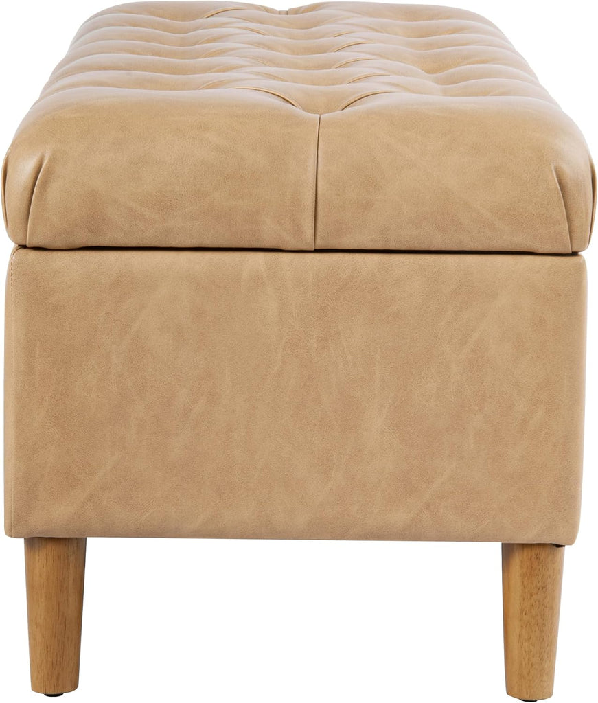 40" Button Tufted Storage Bench with Cone Wood Legs - Sand Faux Leather