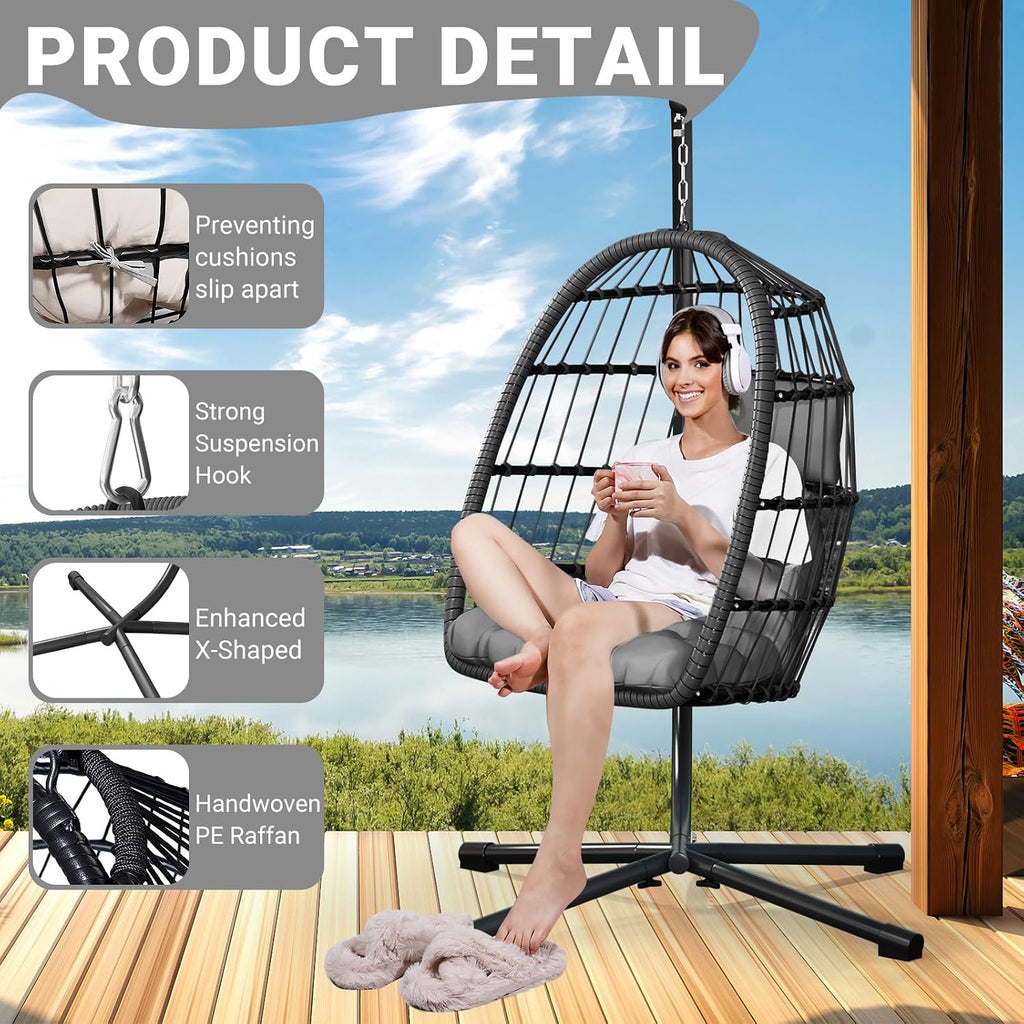 Egg Chair with Stand,Patio Rattan Wicker Hanging Hammock Chair Porch Garden,Thickened Aluminum Alloy Steel Frame and