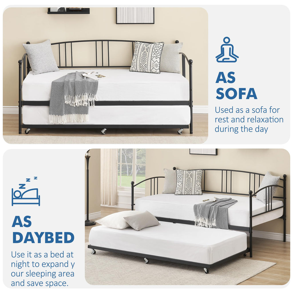 Twin Daybed with Trundle, Metal Twin Size Daybed with Pullout Trundle 6 Casters, Steel Slat Support Sofa Bed, Guest