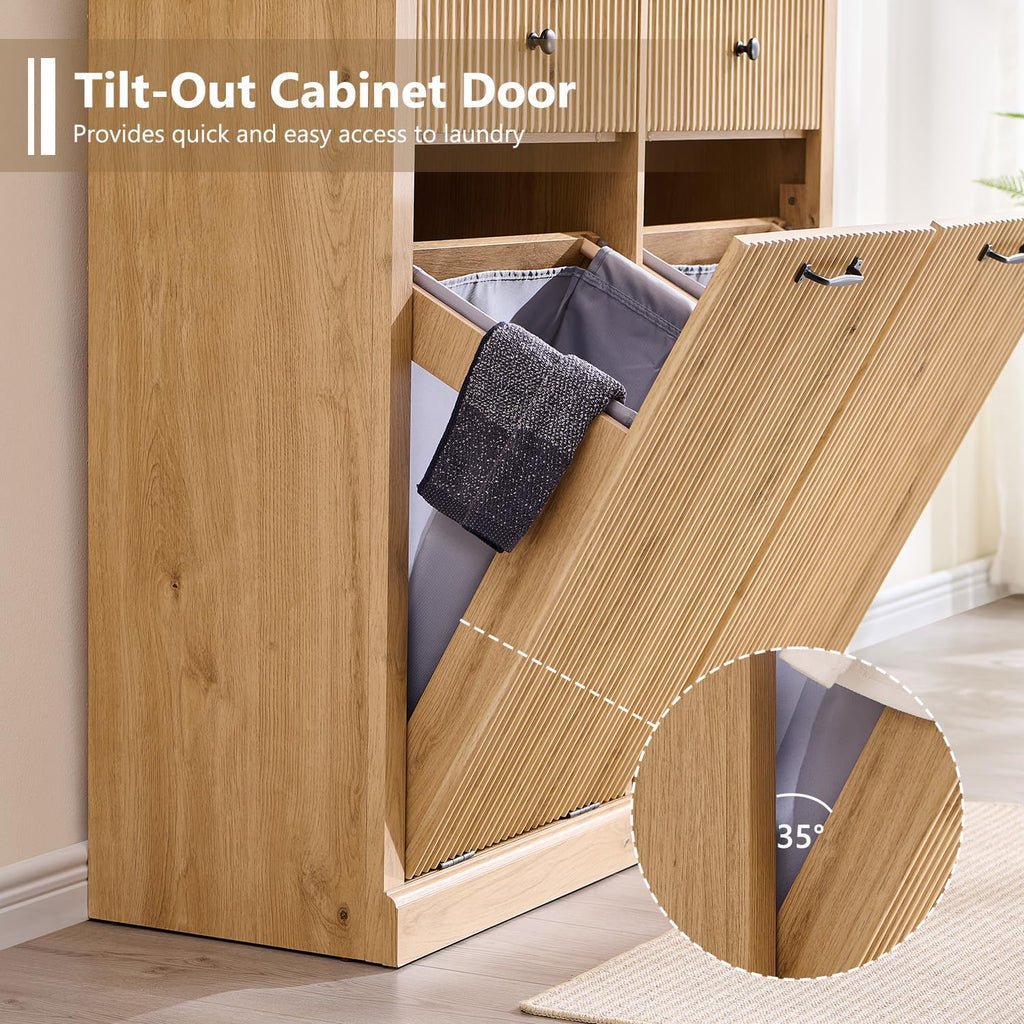 Double Tilt Out Laundry Hamper Cabinet, Modern Trash Cabinet, Natural