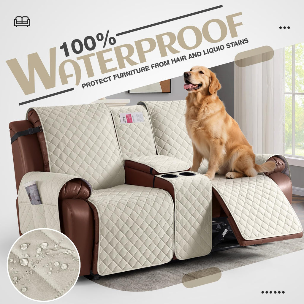 100% Waterproof Loveseat Recliner Cover with Console, Ivory