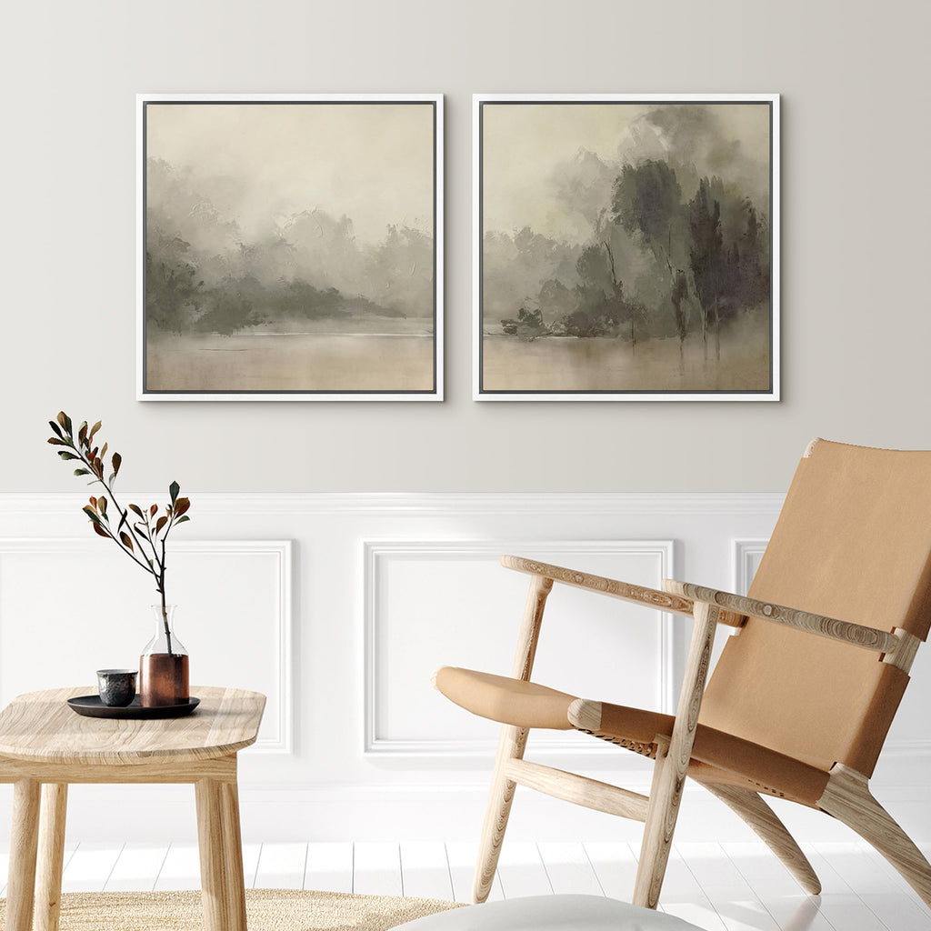 Framed Canvas Print Wall Art Set Mystic River Fog Waterfront Nature Illustrations Modern Art Minimal Relax/Calm