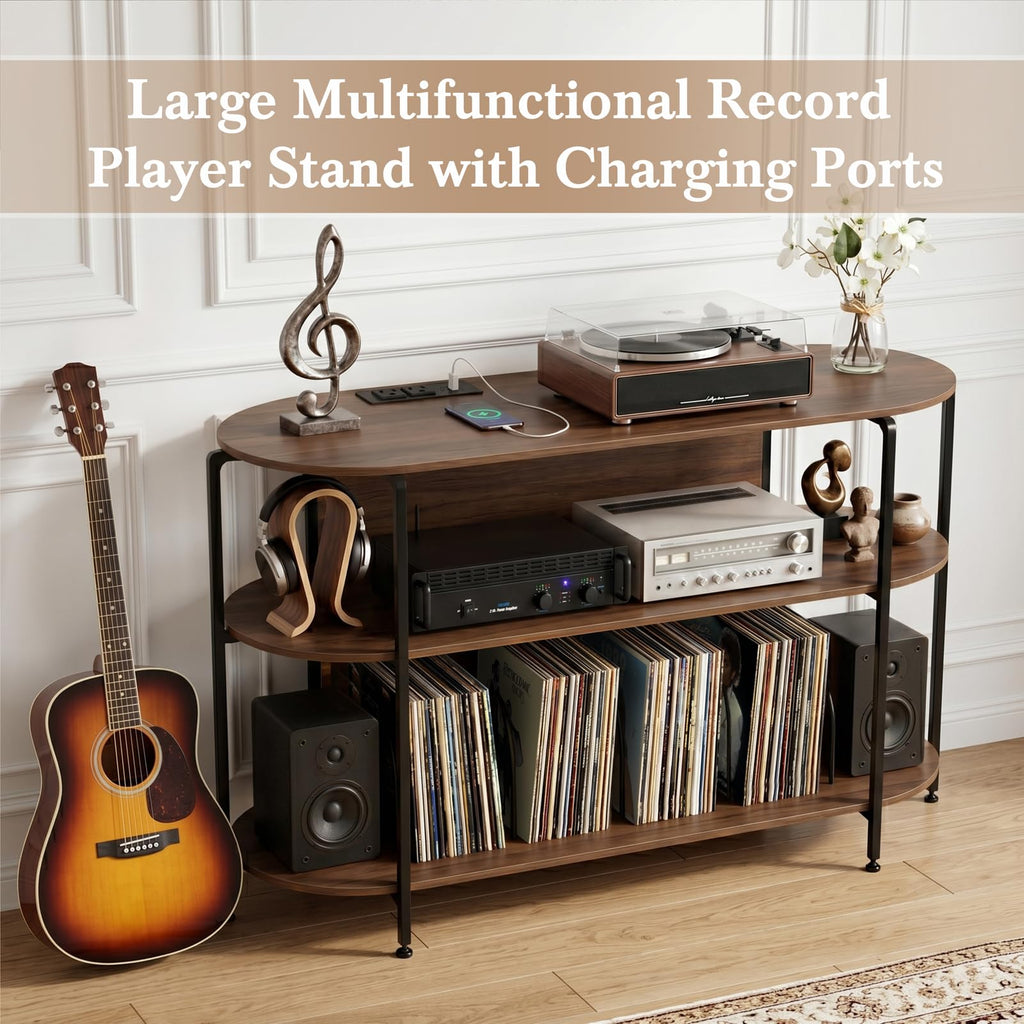 Vinyl Record Player Stand with Power Outlets, 43.3" Mid Century Turntable Stand Console Table, 3-Tier Arc Record