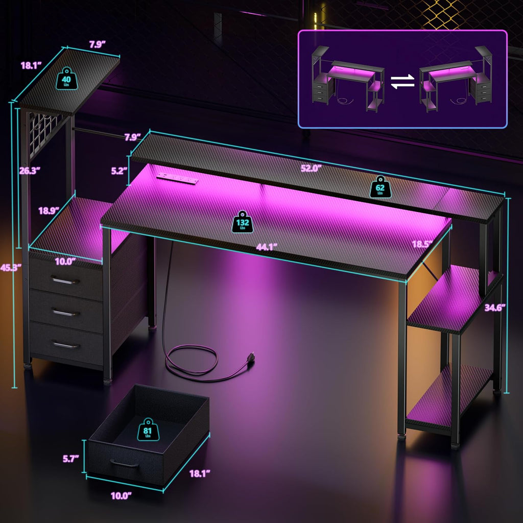 63 Inch Gaming Desk with Bluetooth LED Lights & Power Outlets,Computer Desk with Fabric Drawers & Hooks,Reversible