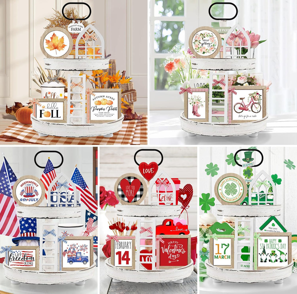 10themes Interchangeable Seasonal Rustic Farmhouse Fall Tiered Tray Decor
