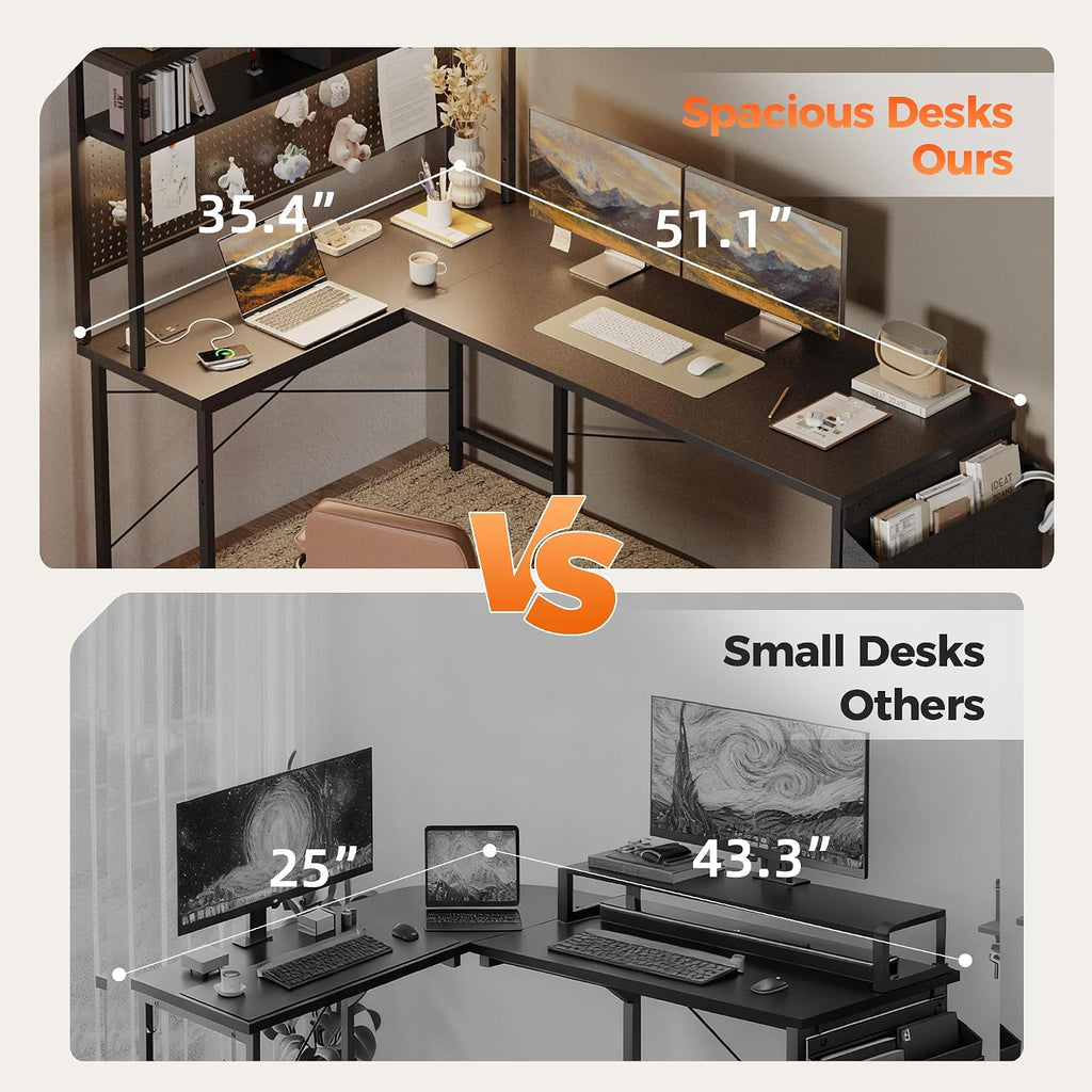 51 in L Shaped Desk with Pegboard, Reversible Corner Gaming Desk | Large Computer Desk with Hutch, Power Outlets, LED