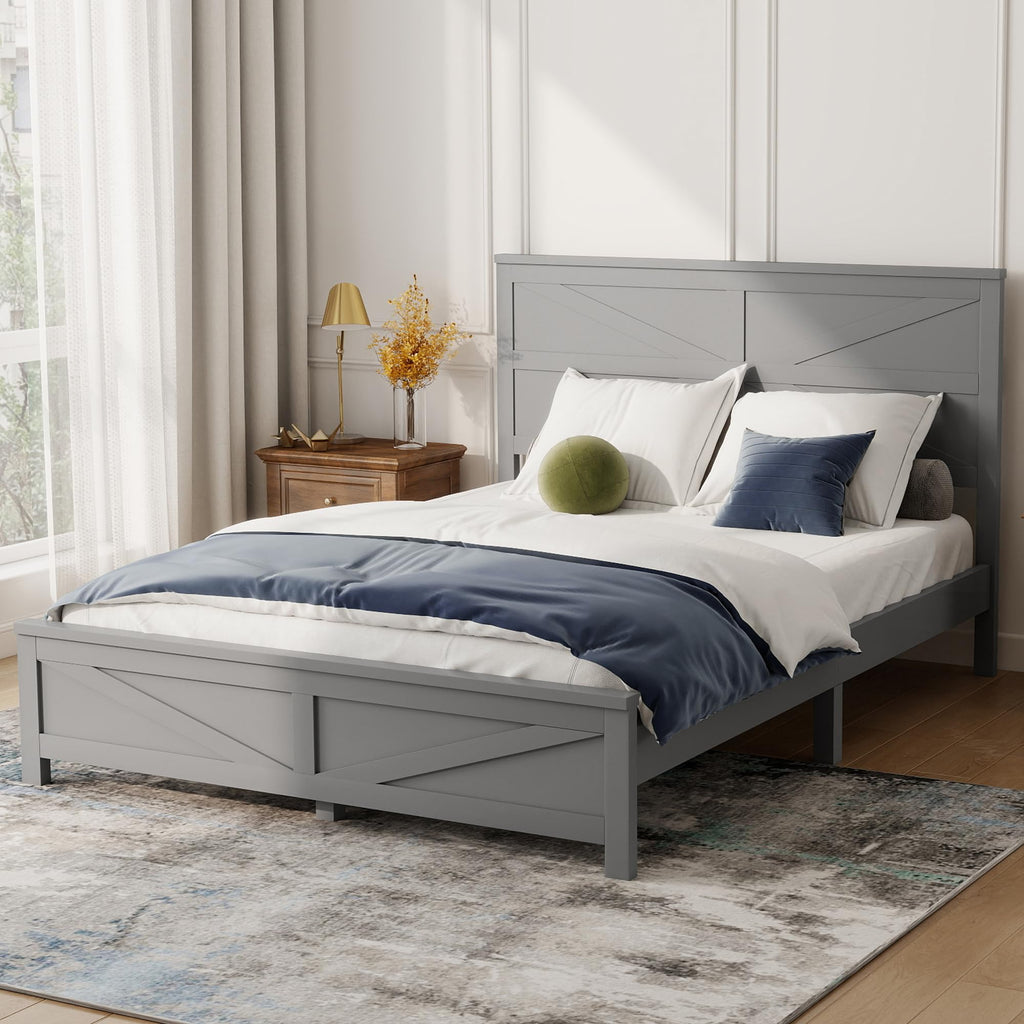 Rustic Platform Bed Frame with Barn Door Design Headboard and Footboard, Pine Wood Bed with Wooden Slats