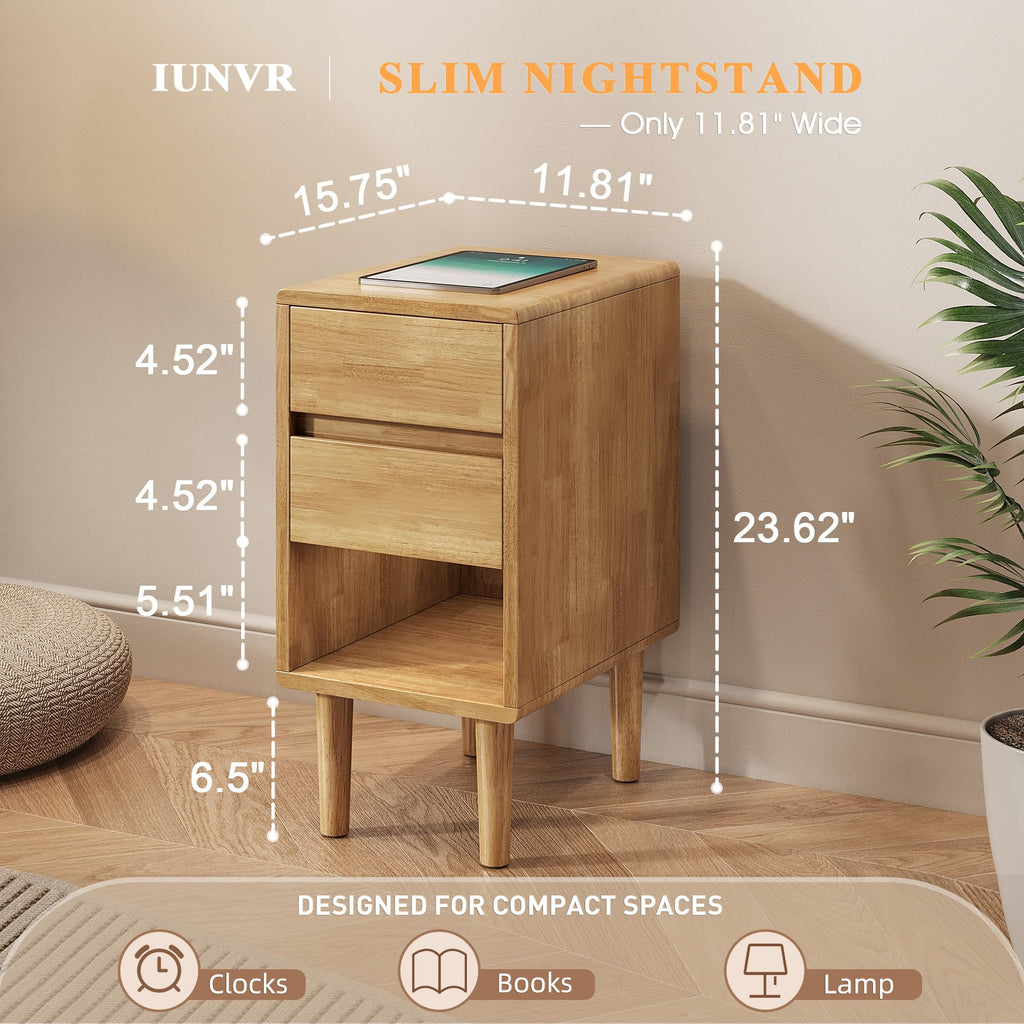 Nightstand 2 Drawers with Open Shelf Narrow Night Stand Solid Wood Bedside Table Mid Century Modern Nightstand Wooden