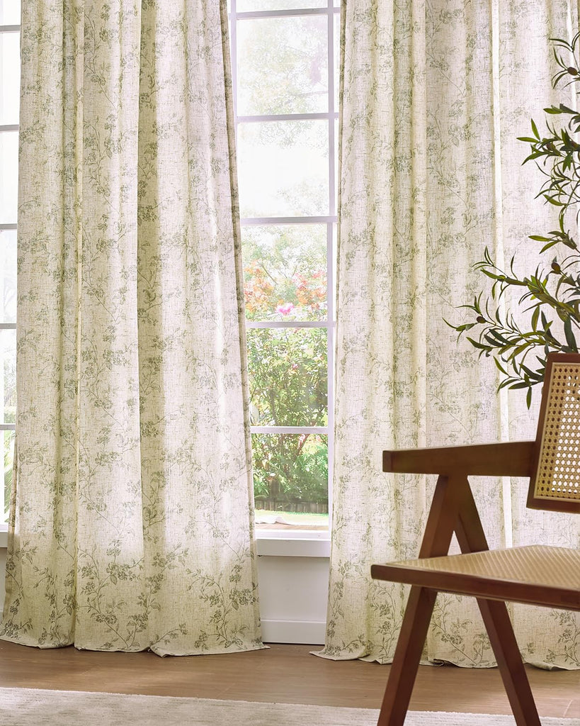 Extra Long Green Vintage Floral Linen Curtains Farmhouse 2 Panels