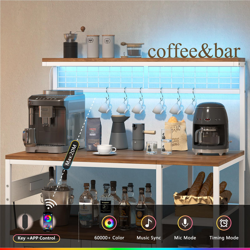 Bakers Rack with Power Outlet and LED Light, Microwave Stand with Storage Cabinet, Coffee Bar Cabinet Station with 6