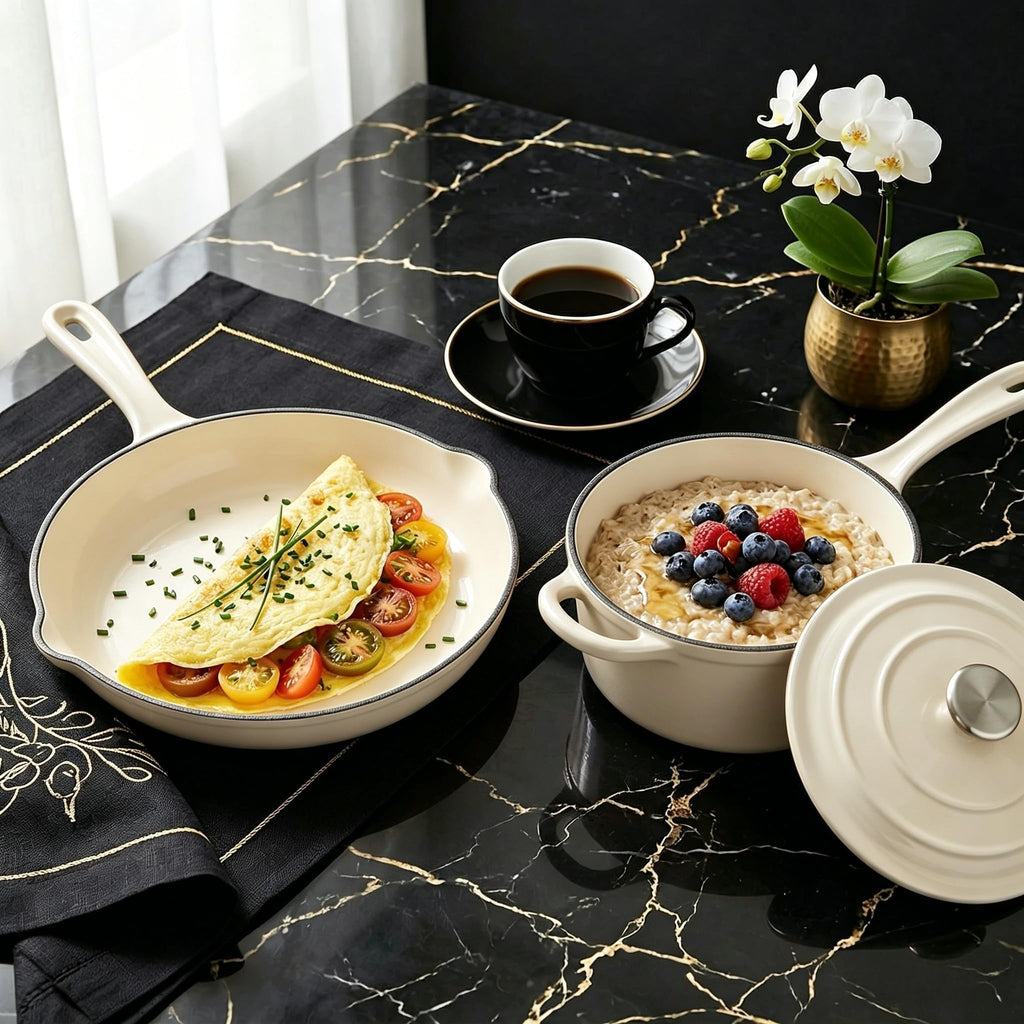 Nonstick Enameled Cast Iron Cookware Set, 4-Pcs Pots and Pans with Lids
