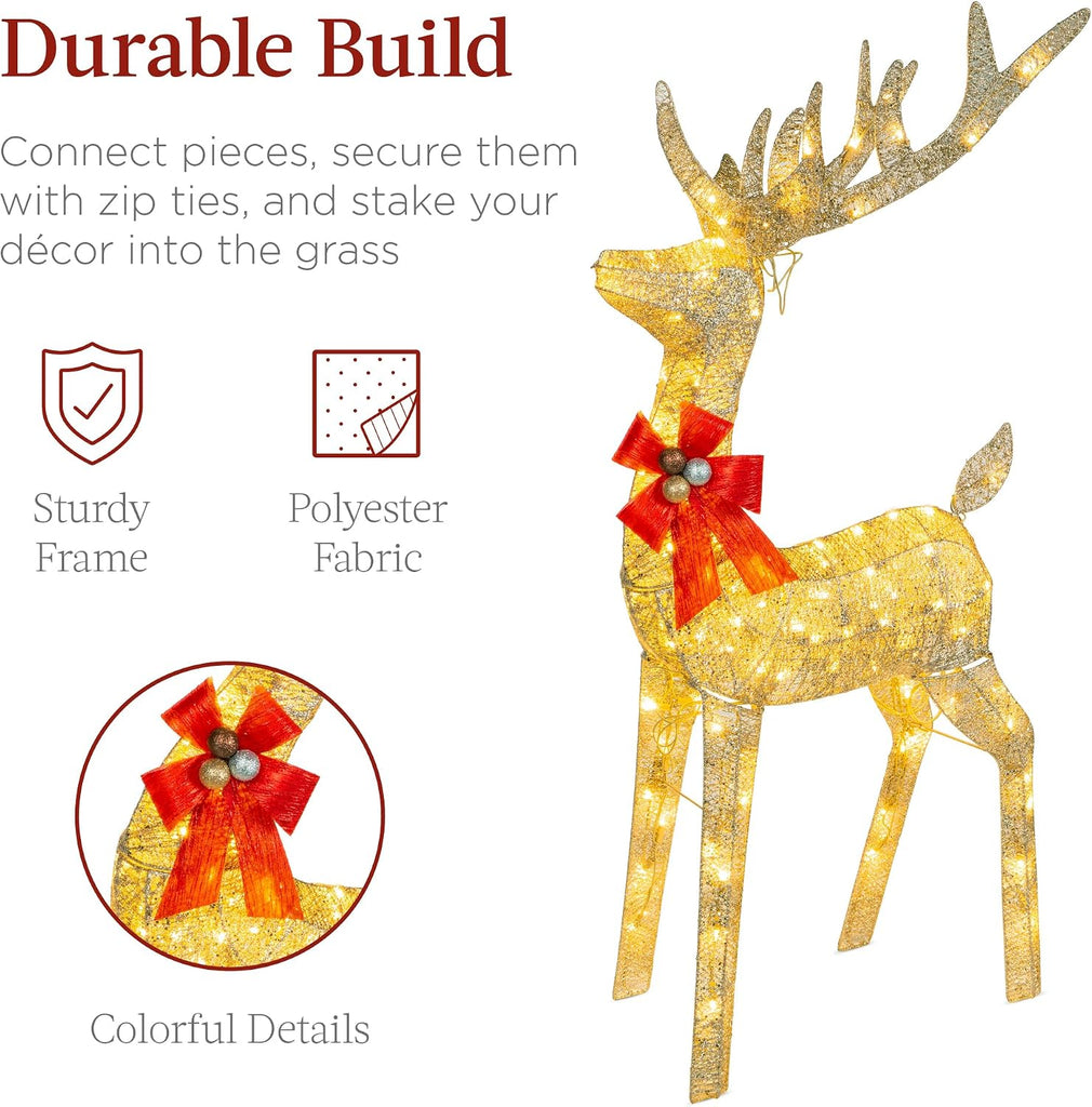 Lighted Christmas 4ft Reindeer & Sleigh Holiday Outdoor Yard Decoration Set w/ 205 LED Lights, Stakes, Zip Ties - Gold