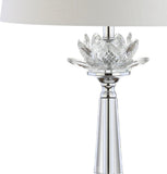 24.5" Clear Crystal LED Table Lamp, Hollywood Regency Modern Glam Candlestick Lamp with White Linen Drum Shade Bedroom