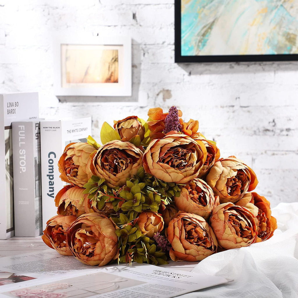 Bunches Artificial Silk Peony Vintage Flower Bouquet for Party Home Table Centerpieces Wedding Decoration (Coffee) - Set of 2
