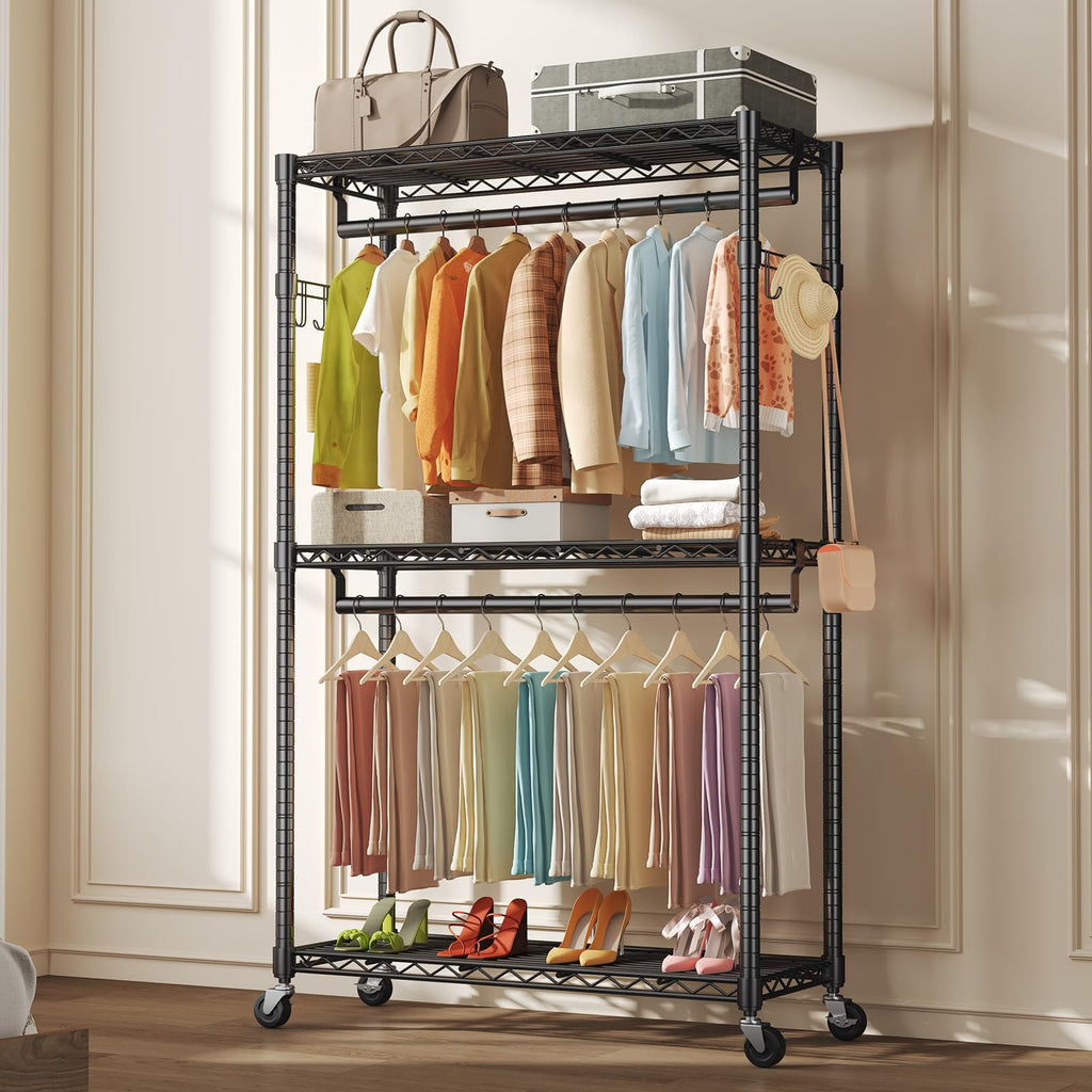 Rolling Clothes Rack, Heavy Duty Garment Rack, 35 IN, Black