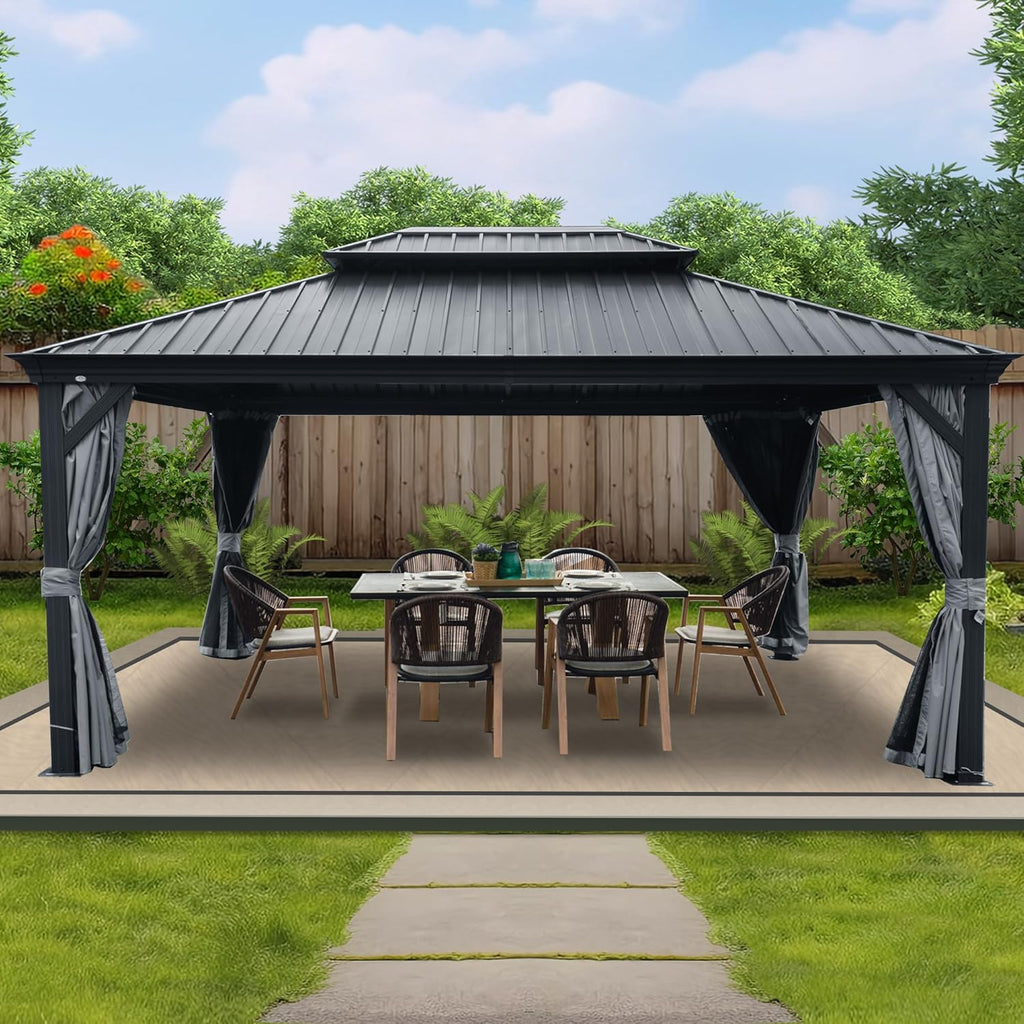 Alexander 12' x 16' Hardtop Gazebo, Aluminum Frame with Galvanized Steel Double Roof, Outdoor Permanent Pavilion with Curtains and Netting for Patio, Backyard, Deck, Lawn (Gray)