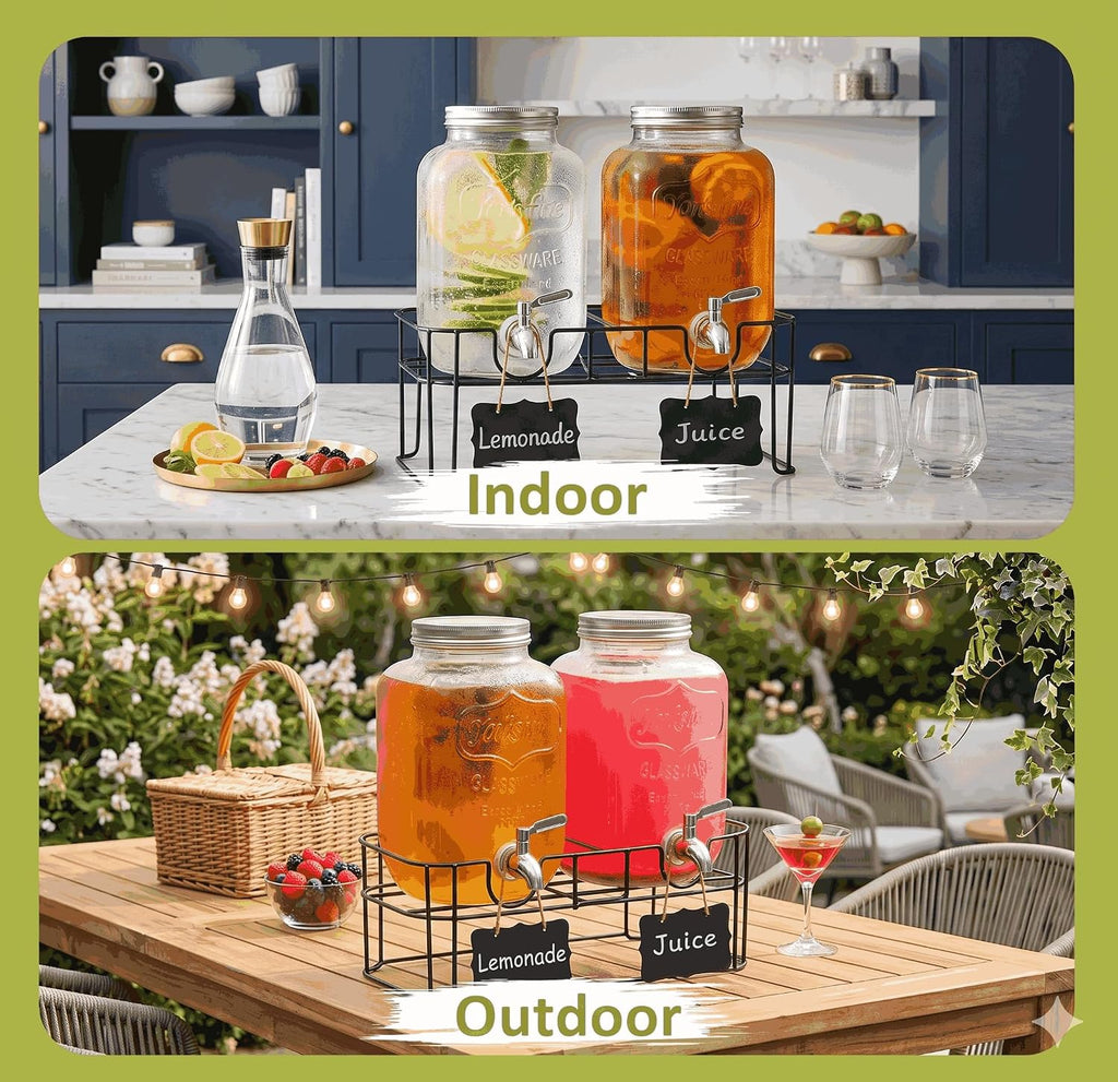 2-Pack 1-Gallon with Heavy-Duty Wire Stand - 304 Stainless Steel Spigot & Mixing Spoon - 100% Leakproof Mason Jar - Set of 2