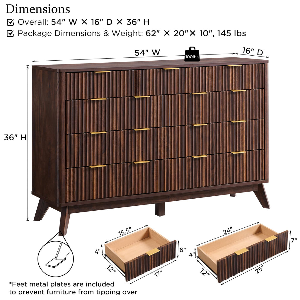 54" Wide Fluted 9 Drawer Dresser, Dark Walnut