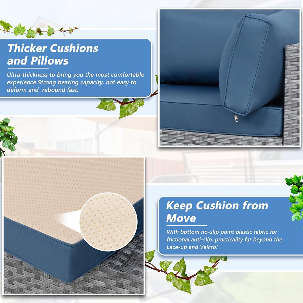 5 Piece Outdoor Patio Furniture Set, Silver PE Rattan Wicker Sectional Sofa with Glass Coffee Table - Navy Blue