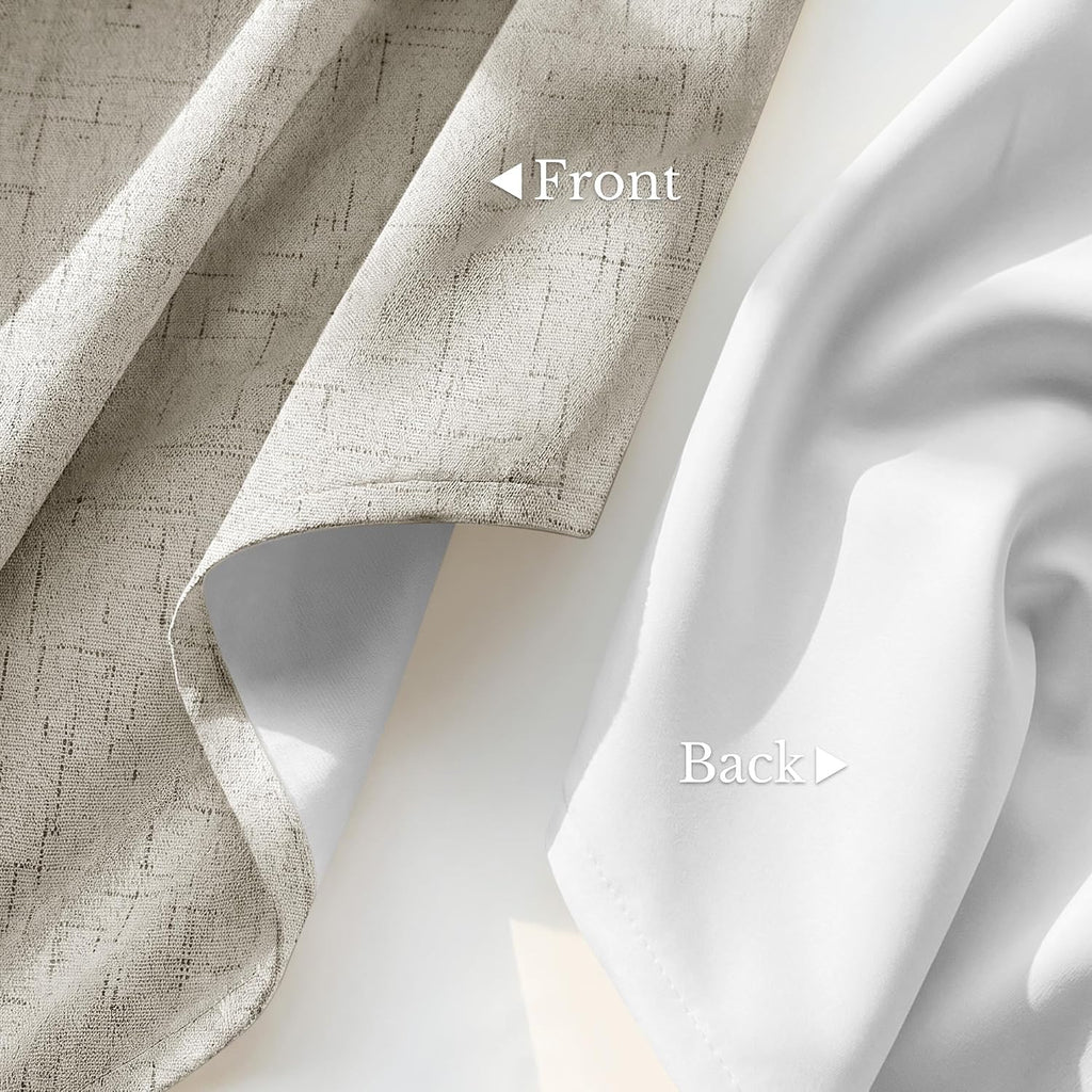 100% Blackout Linen Beige Curtains 96 inches Long, White Liner Composite Grommet Thermal Drapes Casual Home Decor