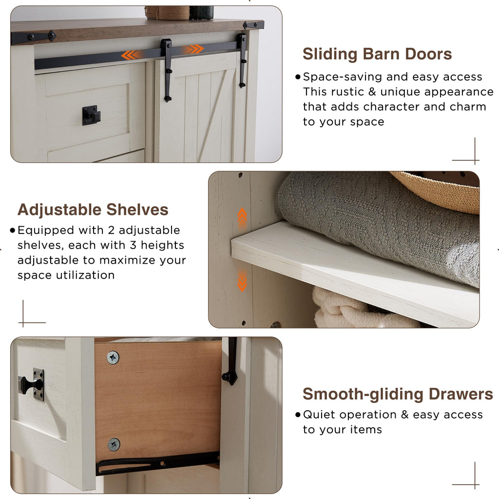5 Drawers Dresser with Sliding Barn Doors, Antique White