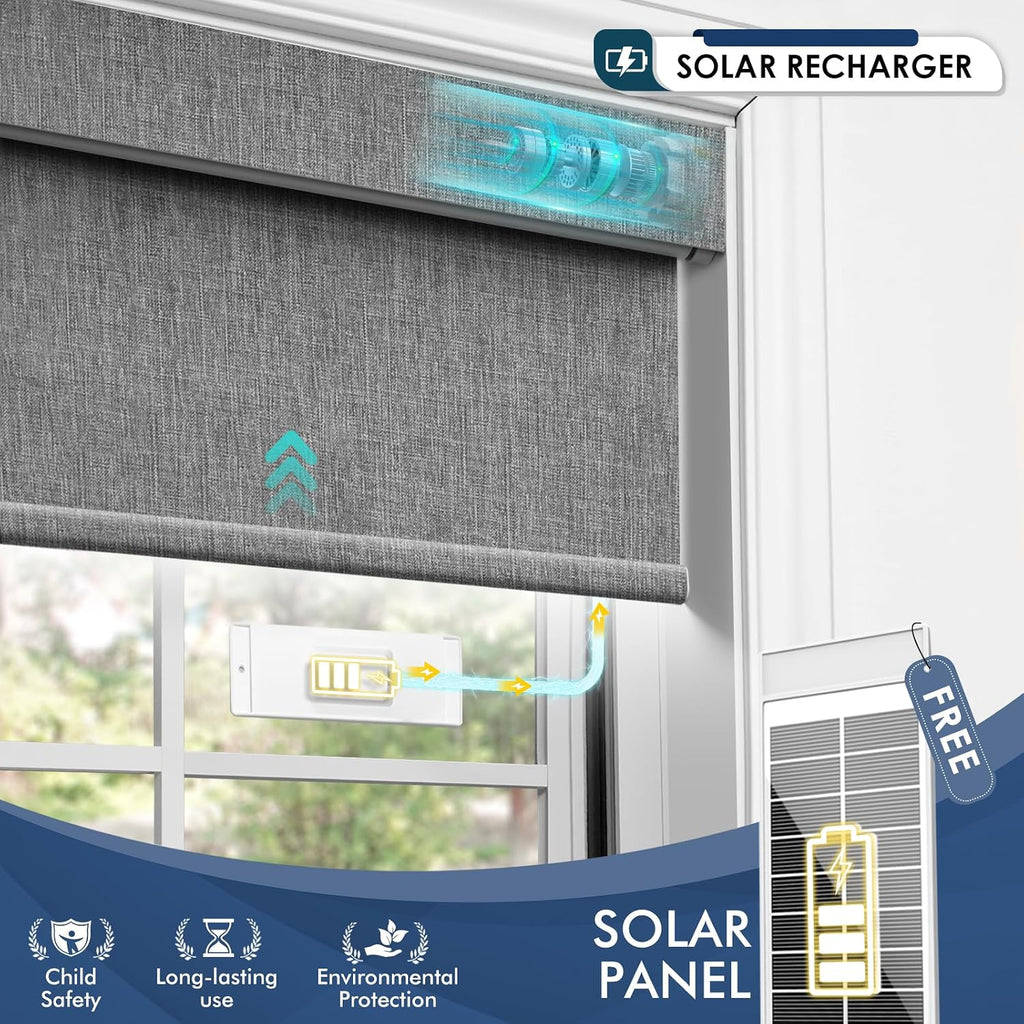 Motorized Blinds with Remote,100% Blackout Smart Roller Shades,Rechargeable Smart Blinds【Solar Panel Included】