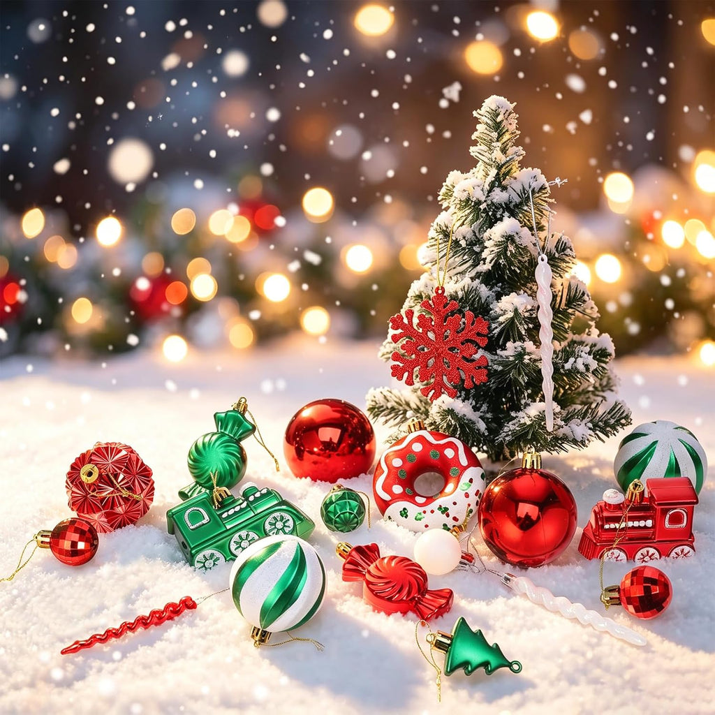 82pcs Christmas Balls Ornaments Set with Hanging Strings, Delightful Xmas Decor Including Train, Candy & Snowflake