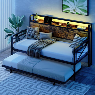 Daybed with Trundle Twin, Metal Daybed Frame with Pop-up Trundle Bed and Charging Station,Day Bed with Wooden Storage