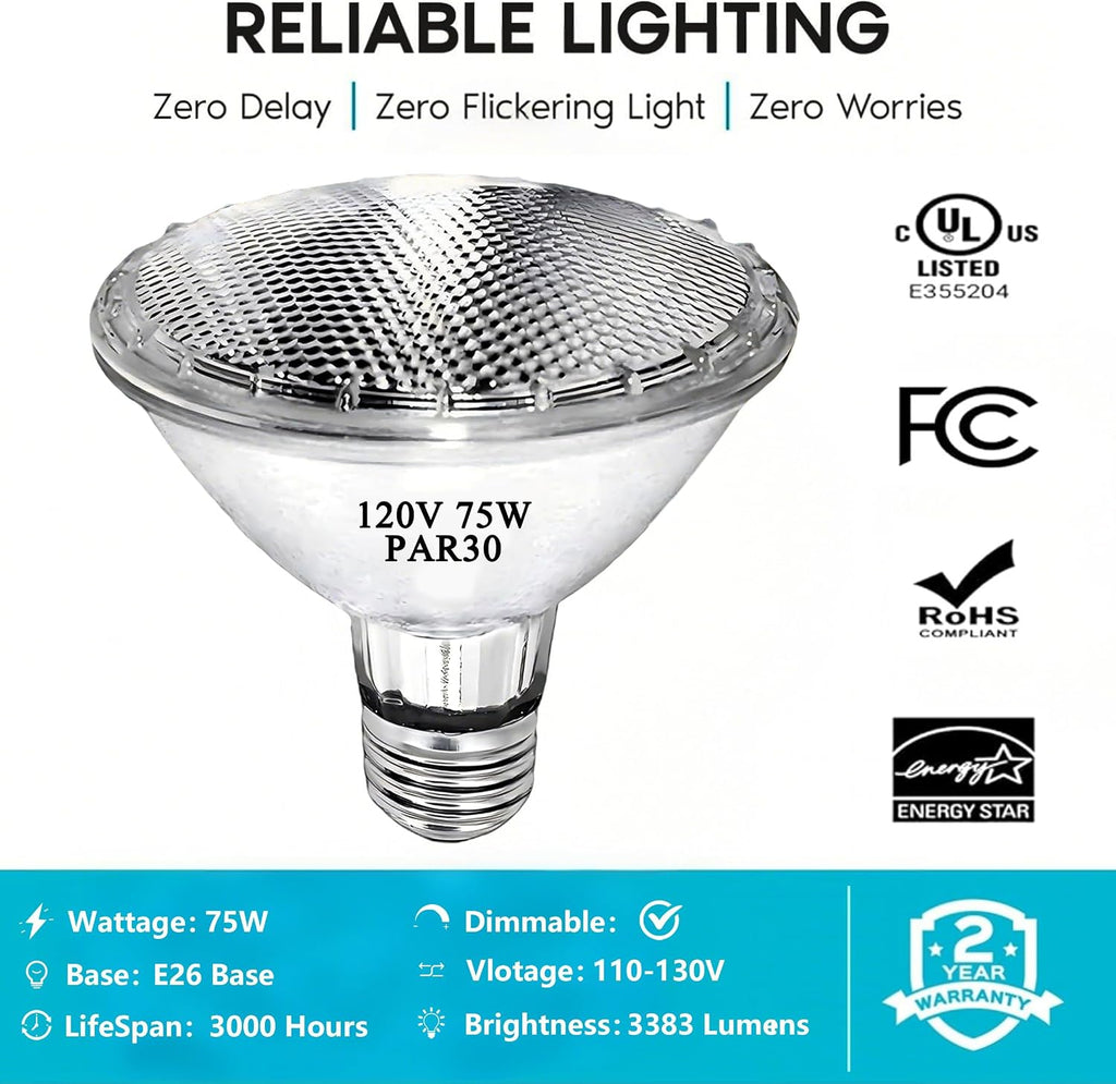 PAR30 Short Neck Halogen Flood Light Bulbs, 120V 75W PAR30 Light Bulb, Dimmable, High Output, E26 Medium Base, 2700K
