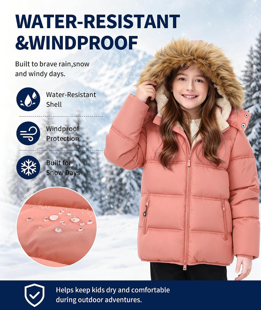 Boys Girls Winter Puffer Jacket Water Resistant Hooded Coat