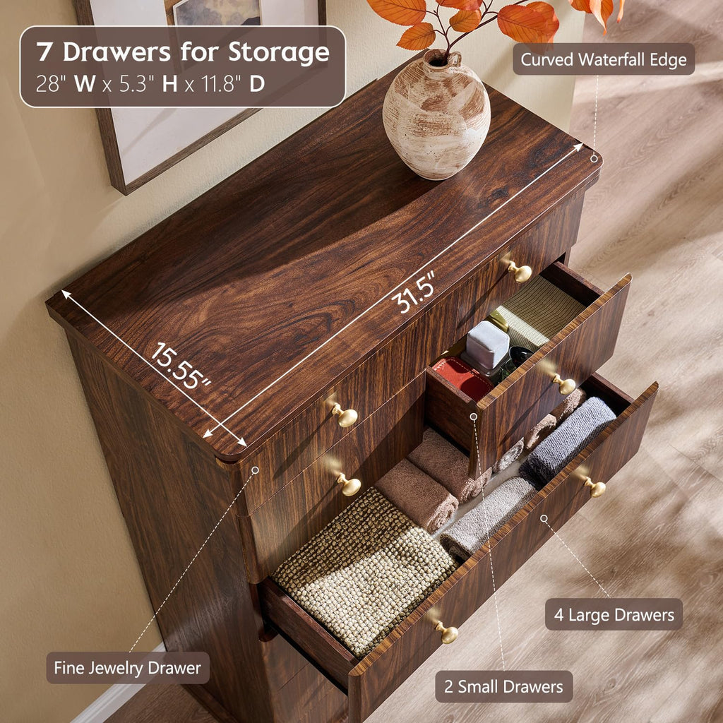 Modern 7 Drawers Dresser, 48" Tall Dressers, Dark Walnut