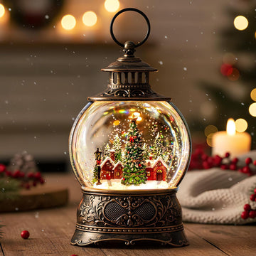 Christmas Village Snow Globe Lighted Christmas Tree and Village Scene, Musical Snow Water Lantern Swirling Glittering
