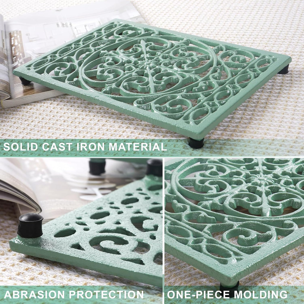 9.6 x 6.3 Inch Cast Iron Trivet Set, Large Metal Trivets for Hot Dishes Pots Pans Decorative Kitchen Trivets